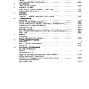 May include: A page from a manual titled "TABLE OF CONTENTS" with a list of sections including Engine, Fuel System, Electric System, Steering, Transmission, Brakes, Hydraulic Components, and Electronic Controllers. The document is dated 07-2019.