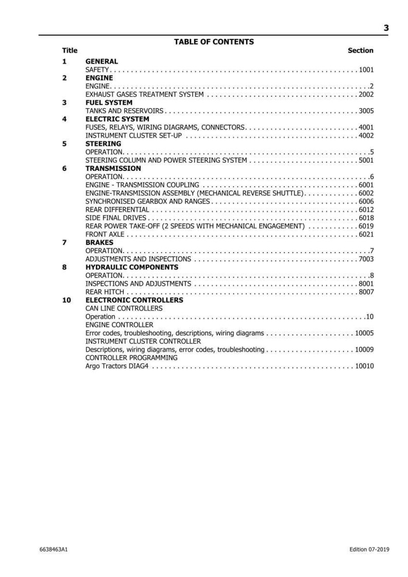 May include: A page from a manual titled "TABLE OF CONTENTS" with a list of sections including Engine, Fuel System, Electric System, Steering, Transmission, Brakes, Hydraulic Components, and Electronic Controllers. The document is dated 07-2019.