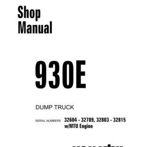 Puede incluir: Una portada de manual de taller blanca con el texto "Shop Manual" en letras negras en negrita. Debajo, el texto "930E" se muestra de forma destacada, seguido de "DUMP TRUCK". Tambi&eacute;n son visibles los n&uacute;meros de serie y el logotipo de Komatsu.