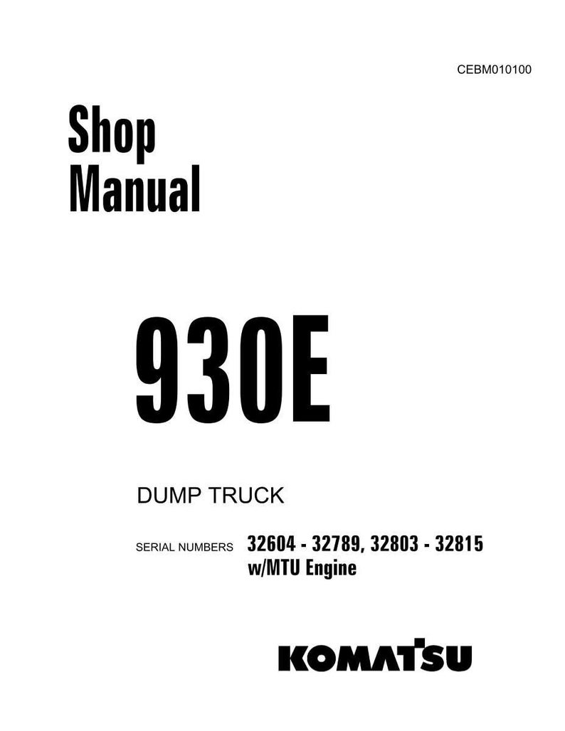 Puede incluir: Una portada de manual de taller blanca con el texto "Shop Manual" en letras negras en negrita. Debajo, el texto "930E" se muestra de forma destacada, seguido de "DUMP TRUCK". Tambi&eacute;n son visibles los n&uacute;meros de serie y el logotipo de Komatsu.
