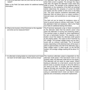 May include: A page from a manual detailing alternator problems, causes, and solutions. The text includes information on field coil testing, R terminal function, and test bench output issues. The document is labeled "Battery Charging Alternator."