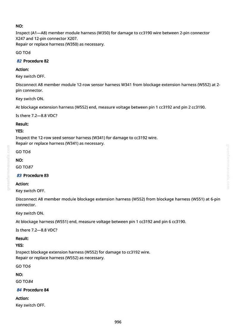 May include: A page from a manual with technical instructions. The text includes procedures for inspecting and repairing harnesses, with voltage measurements and connector details. The page number is 996.