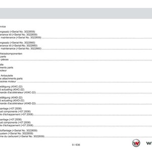 May include: A white and gray document page with a table of contents in German, English, and French. The document lists service and engine attachment parts, with serial numbers and page numbers.