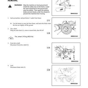 Puede incluir: Gu&iacute;a ilustrada que detalla los pasos para la extracci&oacute;n del eje delantero. Incluye diagramas para levantar la m&aacute;quina, quitar la rueda y desconectar componentes. El peso del neum&aacute;tico es de 210 kg.