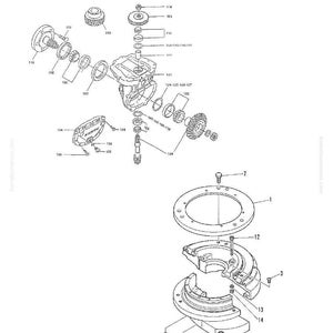 Op de afbeelding: Een explosietekening van een transmissie- en wielassemblage, met verschillende mechanische componenten. De afbeelding bevat tandwielen, bouten en andere onderdelen, met labels en nummers voor identificatie. De tekening is in zwart-wit.