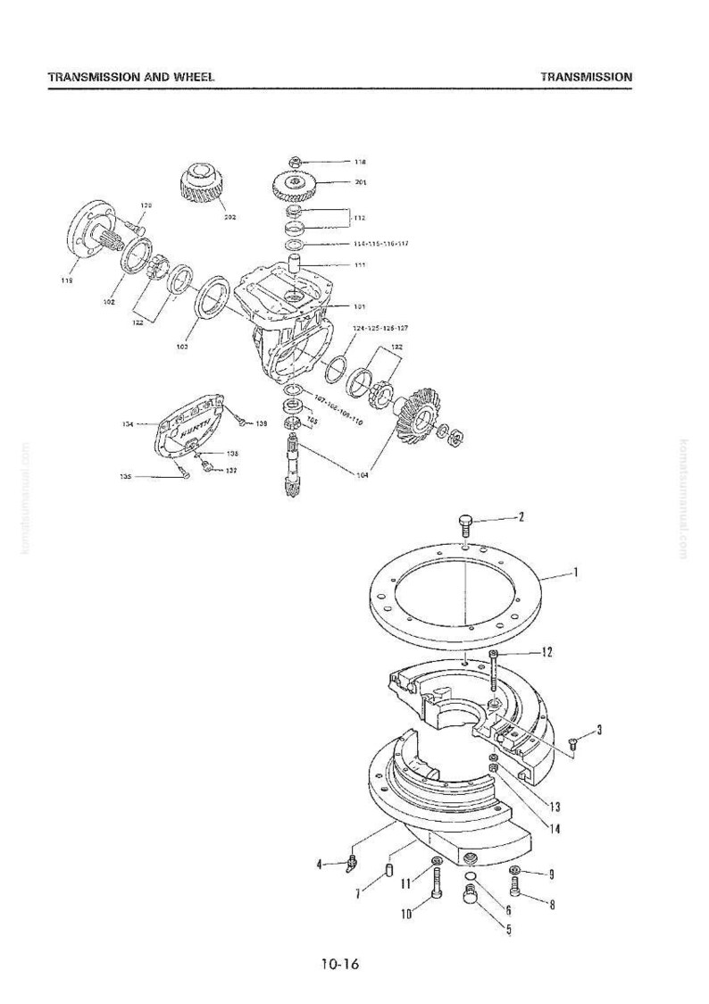 Op de afbeelding: Een explosietekening van een transmissie- en wielassemblage, met verschillende mechanische componenten. De afbeelding bevat tandwielen, bouten en andere onderdelen, met labels en nummers voor identificatie. De tekening is in zwart-wit.