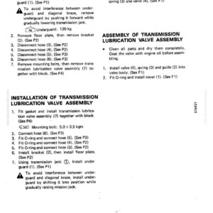 May include: Technical manual page detailing the removal, disassembly, assembly, and installation of a transmission lubrication valve assembly. Includes diagrams and step-by-step instructions for automotive repair. Features text and diagrams.