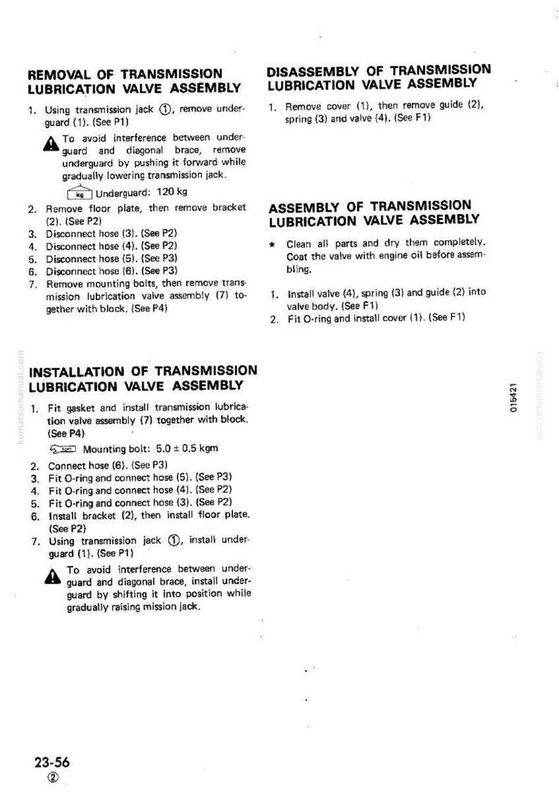 May include: Technical manual page detailing the removal, disassembly, assembly, and installation of a transmission lubrication valve assembly. Includes diagrams and step-by-step instructions for automotive repair. Features text and diagrams.