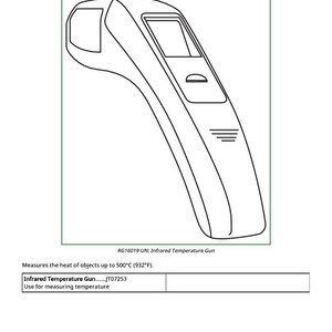 May include: Line drawing of an infrared temperature gun. The text "JT07253 - Infrared Temperature Gun" is at the top. The gun measures the heat of objects up to 932&deg;F. The text "Infrared Temperature Gun......JT07253" is also present.