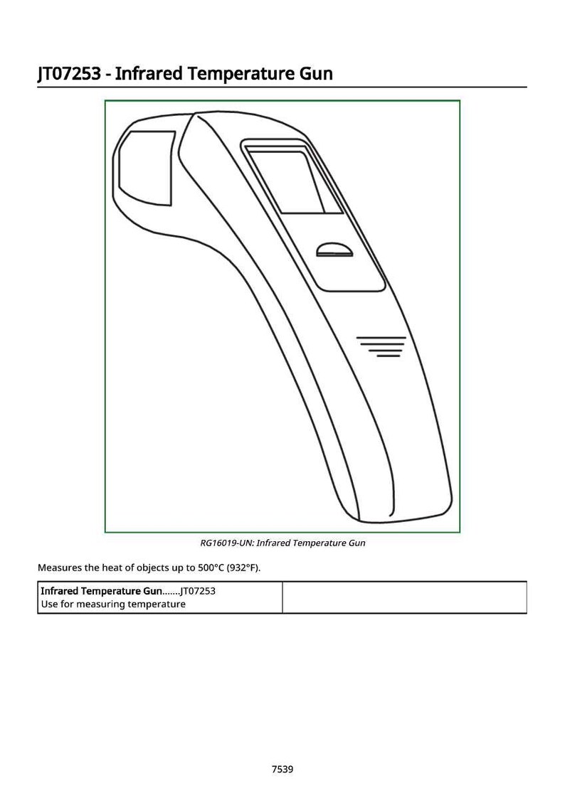 May include: Line drawing of an infrared temperature gun. The text "JT07253 - Infrared Temperature Gun" is at the top. The gun measures the heat of objects up to 932&deg;F. The text "Infrared Temperature Gun......JT07253" is also present.