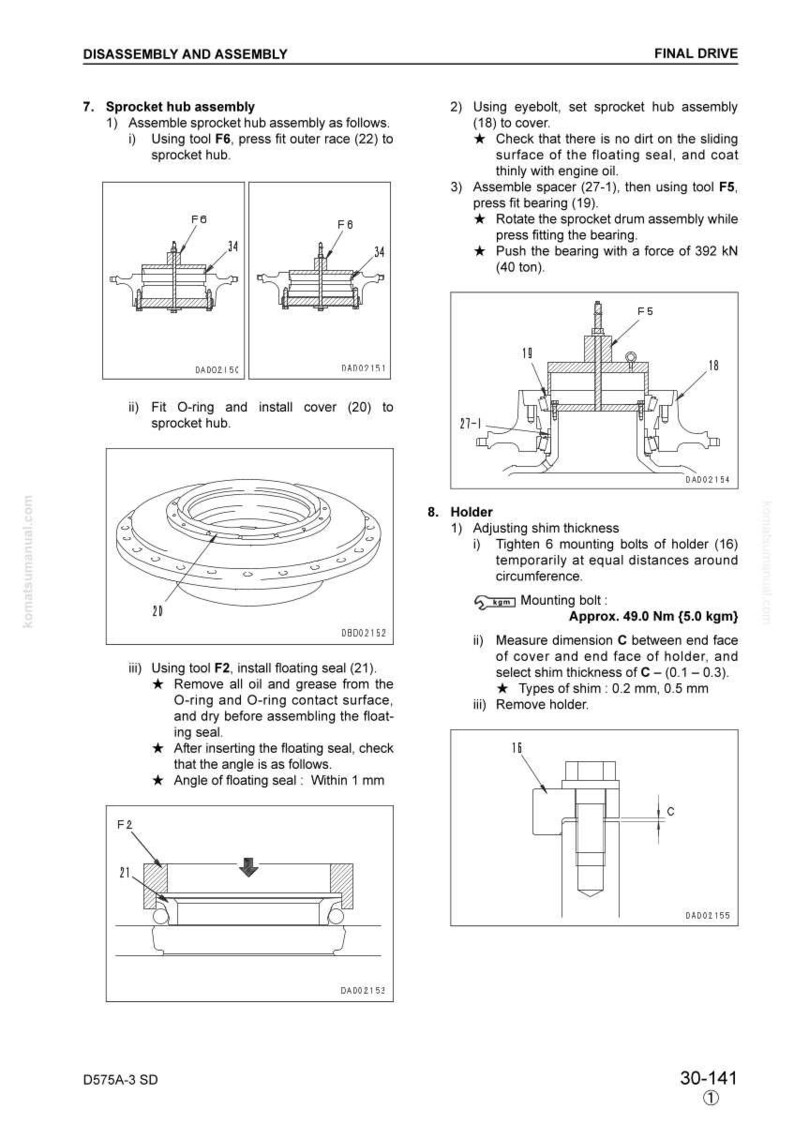 May include: Technical diagram illustrating the disassembly and assembly of a sprocket hub. The image includes detailed instructions with tool references (F6, F5, F2) and part numbers (22, 20, 21, 19, 18). Measurements are provided in both metric and imperial units.