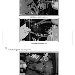 May include: Black and white diagram showing the installation of hydraulic lines, brake lines, and the starting motor. The diagram includes close-up views with labels and instructions for each step. Text includes "AT3093-UN: Install hydraulic lines", "AT3092-UN: Install brake lines", and "AT3091-UN: Starting motor".