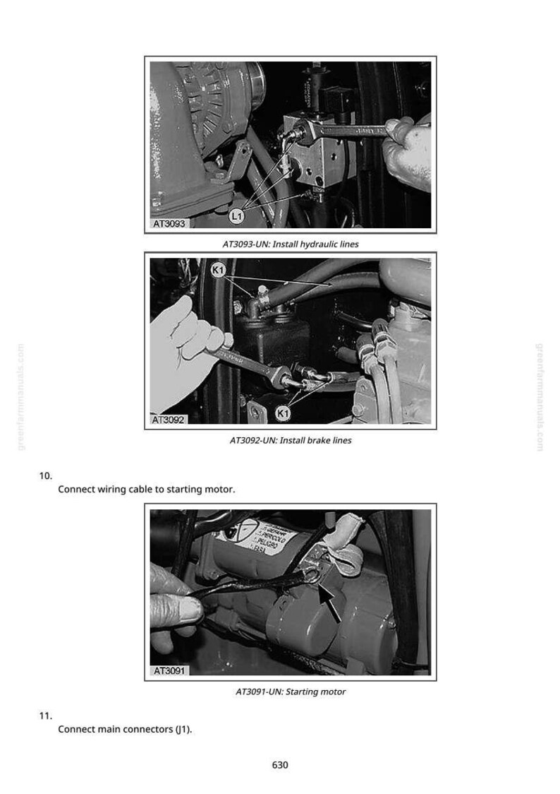 May include: Black and white diagram showing the installation of hydraulic lines, brake lines, and the starting motor. The diagram includes close-up views with labels and instructions for each step. Text includes "AT3093-UN: Install hydraulic lines", "AT3092-UN: Install brake lines", and "AT3091-UN: Starting motor".
