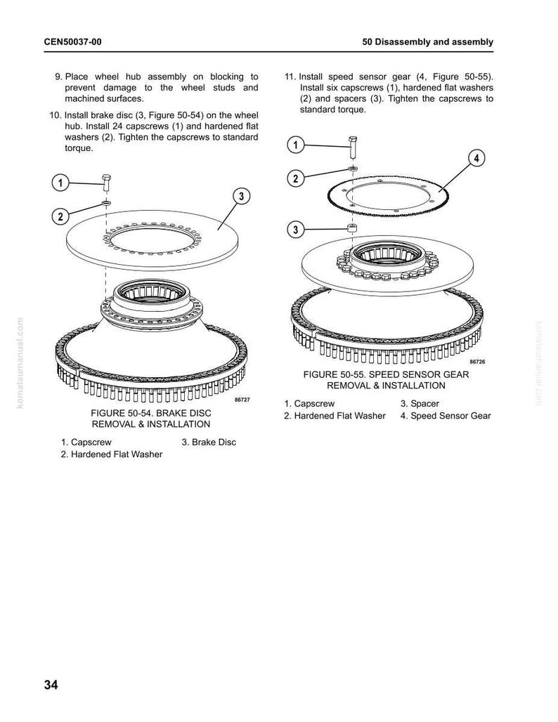 K&ouml;nnte beinhalten: Diagramm zum Aus- und Einbau von Bremsscheibe und Geschwindigkeitssensor. Das Bild zeigt detaillierte Illustrationen mechanischer Komponenten, einschlie&szlig;lich Schrauben, Unterlegscheiben und Zahnr&auml;dern, mit Beschriftungen und Anweisungen.