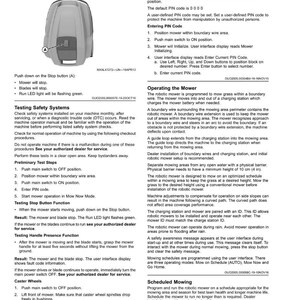 May include: A manual page explaining the operation of a robotic lawn mower. It covers emergency stopping, PIN code usage, and scheduled mowing, with diagrams and safety advice for safe operation.