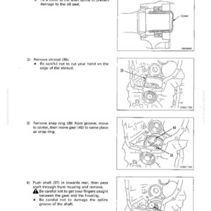 May include: Technical diagram of a transmission assembly and disassembly process. The image shows detailed illustrations of mechanical components, including gears, shafts, and housings, with labels and instructions. The diagram is in black and white.
