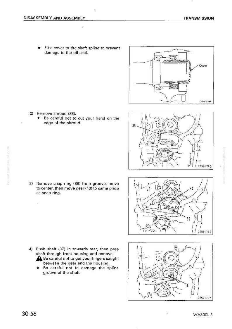 May include: Technical diagram of a transmission assembly and disassembly process. The image shows detailed illustrations of mechanical components, including gears, shafts, and housings, with labels and instructions. The diagram is in black and white.