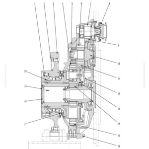 May include: Detailed technical diagram of a final drive assembly, labeled with numbers and arrows. The diagram is a cross-section, showing internal components and their arrangement. Text at the top reads "STRUCTURE AND FUNCTION, MAINTENANCE STANDARD" and "FINAL DRIVE".