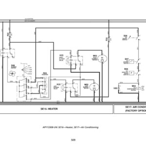 May include: A black and white schematic diagram illustrating the components of an air conditioning and heating system. The diagram features labels for relays, motors, and a compressor, with text indicating "SE16-HEATER" and "SE17- AIR CONDITIONING".
