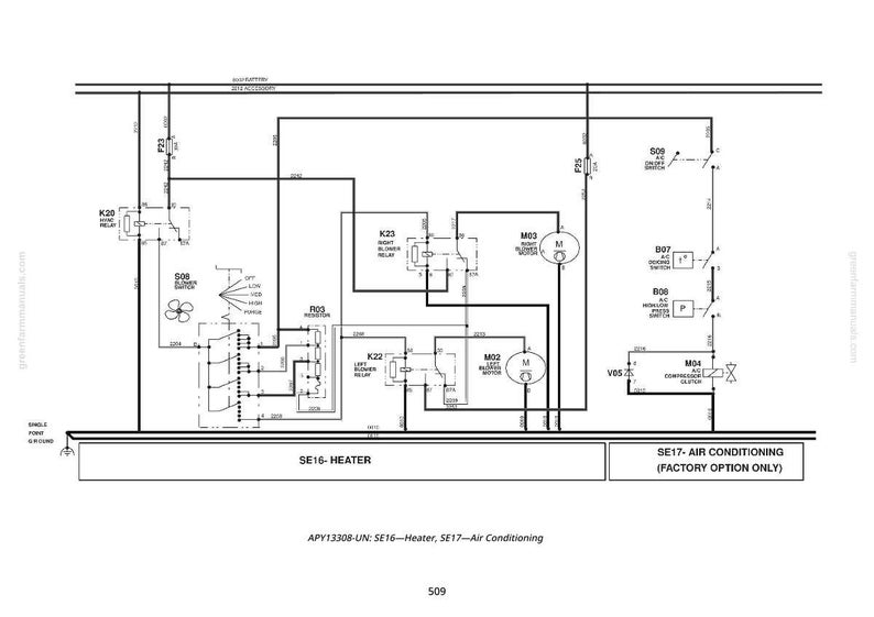 May include: A black and white schematic diagram illustrating the components of an air conditioning and heating system. The diagram features labels for relays, motors, and a compressor, with text indicating "SE16-HEATER" and "SE17- AIR CONDITIONING".