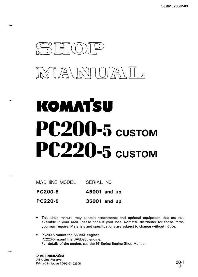 May include: A shop manual for Komatsu PC200-5 and PC220-5 Custom models. The cover features the text "SHOP MANUAL" above the Komatsu logo and model information. Includes machine model and serial number details.