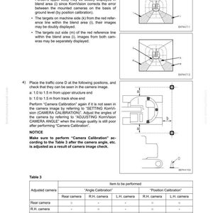 May include: Diagrams and text from a manual on testing and adjusting KomVision related items. The image includes illustrations of camera alignment and calibration procedures, with measurements in meters. The text includes instructions and notices for camera adjustments.
