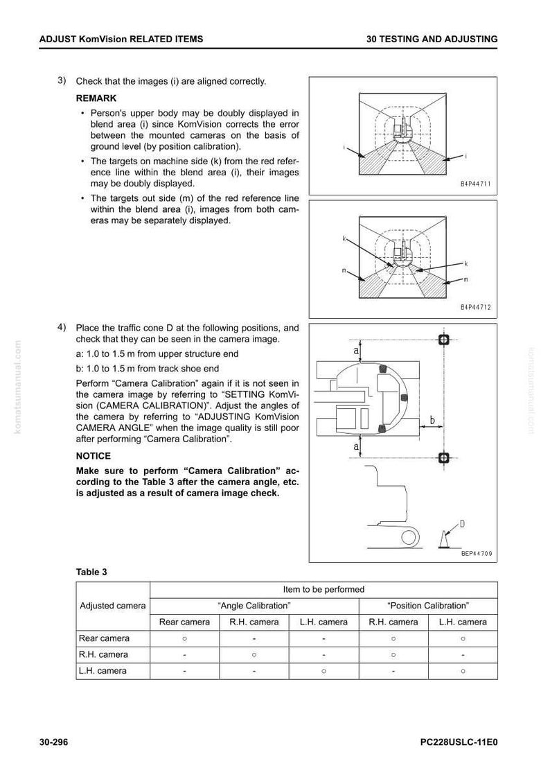 May include: Diagrams and text from a manual on testing and adjusting KomVision related items. The image includes illustrations of camera alignment and calibration procedures, with measurements in meters. The text includes instructions and notices for camera adjustments.