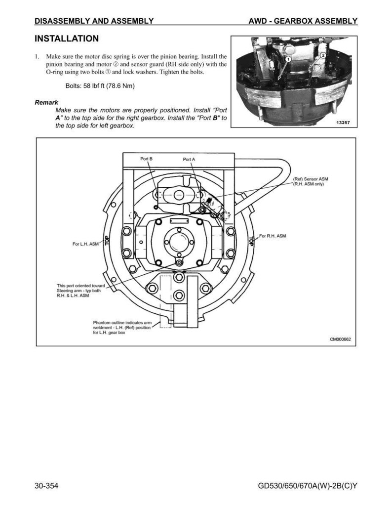 May include: Technical diagram for AWD gearbox assembly, featuring detailed illustrations and instructions. Includes bolt torque specifications of 58 lbf ft. The diagram shows the installation of the motor disc spring, pinion bearing, and sensor guard.