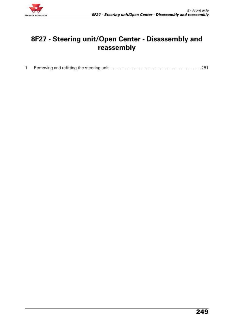 K&ouml;nnte beinhalten: Eine wei&szlig;e Seite aus einem Handbuch mit dem Massey Ferguson-Logo. Der Titel lautet "8F27 - Lenkeinheit/Open Center - Demontage und Montage." Der Text enth&auml;lt "Removing and refitting the steering unit."