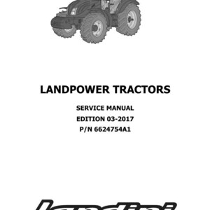 May include: A black and gray tractor with large tires is depicted at the top of the image. Below the tractor, the text "LANDPOWER TRACTORS" is displayed. The image also includes "SERVICE MANUAL", "EDITION 03-2017", and "P/N 6624754A1". The Landini logo is at the bottom.