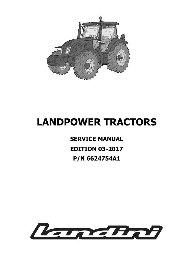 May include: A black and gray tractor with large tires is depicted at the top of the image. Below the tractor, the text "LANDPOWER TRACTORS" is displayed. The image also includes "SERVICE MANUAL", "EDITION 03-2017", and "P/N 6624754A1". The Landini logo is at the bottom.
