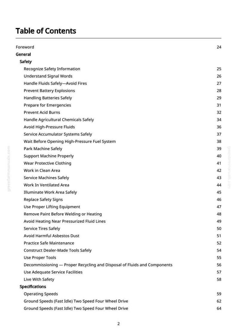 May include: A printed page from a manual titled "Table of Contents." The document lists safety topics such as handling fluids, preventing explosions, and safe maintenance practices. The page is white with black text.