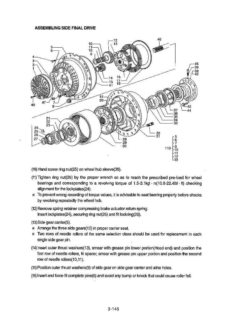 May include: An exploded diagram of a mechanical assembly labeled "Assembling Side Final Drive." The image shows various components, including gears, washers, and nuts, with numbered callouts for identification. The diagram is in black and white.