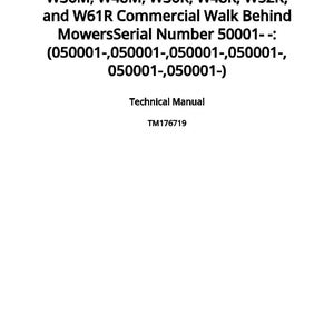 Puede incluir: Manual t&eacute;cnico blanco con texto negro. El t&iacute;tulo del manual incluye los n&uacute;meros de modelo W36M, W48M, W36R, W48R, W52R y W61R. El manual es para cortac&eacute;spedes comerciales con operador a pie. El n&uacute;mero de serie es 50001-. Publicado el 22 de octubre de 2022.