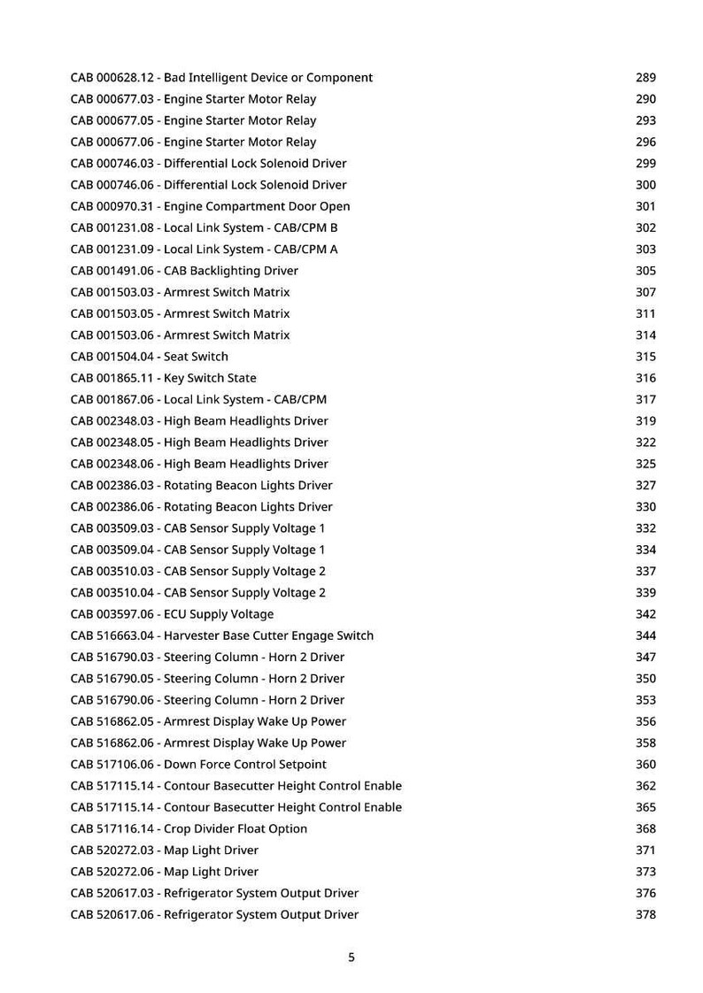 May include: A list of part numbers and descriptions, including engine starter motor relays, headlight drivers, and sensor supply voltages. The text is in black font on a white background, with page numbers on the right.