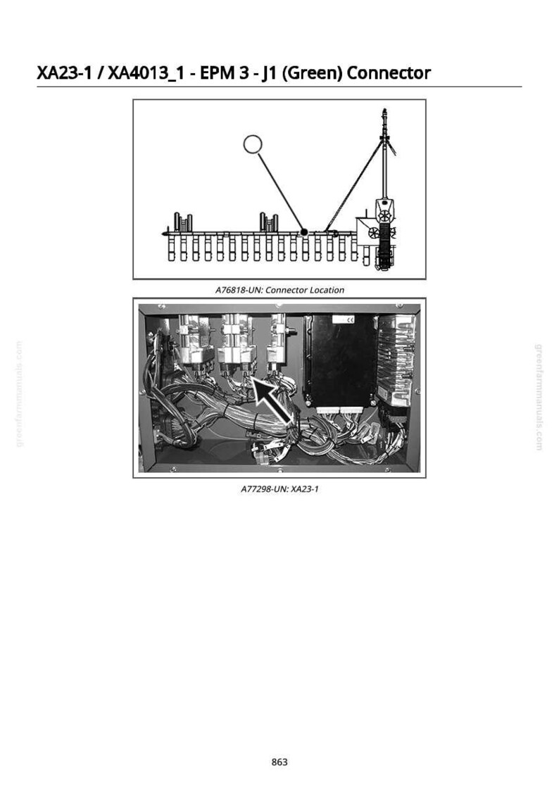 Pode incluir: Diagrama de um conector el&eacute;trico rotulado XA23-1 / XA4013_1 - EPM 3 - J1 (Green) Connector. A imagem inclui um esquema e uma fotografia da localiza&ccedil;&atilde;o do conector. O texto inclui A76818-UN: Connector Location e A77298-UN: XA23-1.