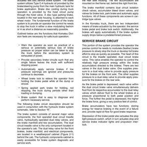 May include: A detailed technical diagram of a Komatsu truck's brake circuit, including components like the dual relay valve, accumulators, and brake manifold. The text describes the system's function and safety features.