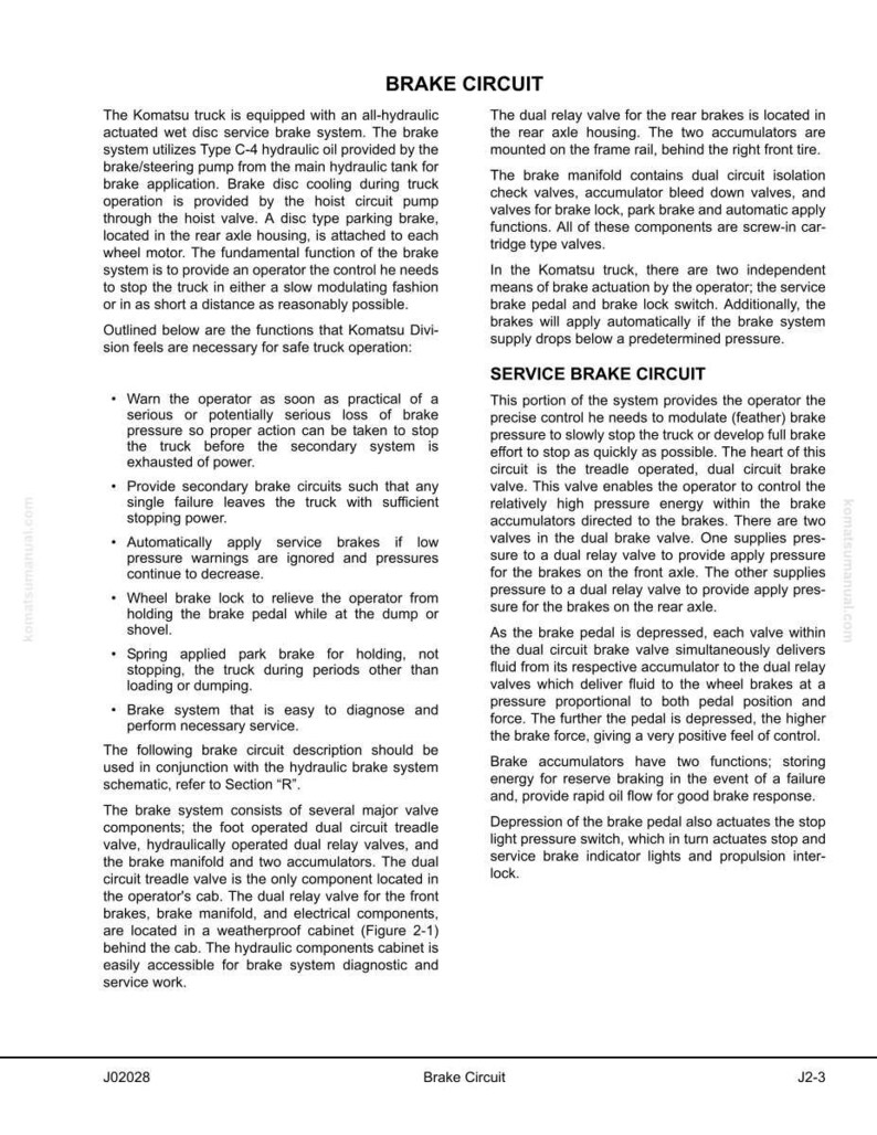May include: A detailed technical diagram of a Komatsu truck's brake circuit, including components like the dual relay valve, accumulators, and brake manifold. The text describes the system's function and safety features.
