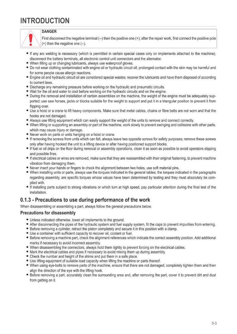 May include: A page from a manual titled "INTRODUCTION" with safety warnings and precautions for machinery maintenance. The text includes danger alerts, instructions for disconnecting terminals, and guidelines for handling fluids and components.