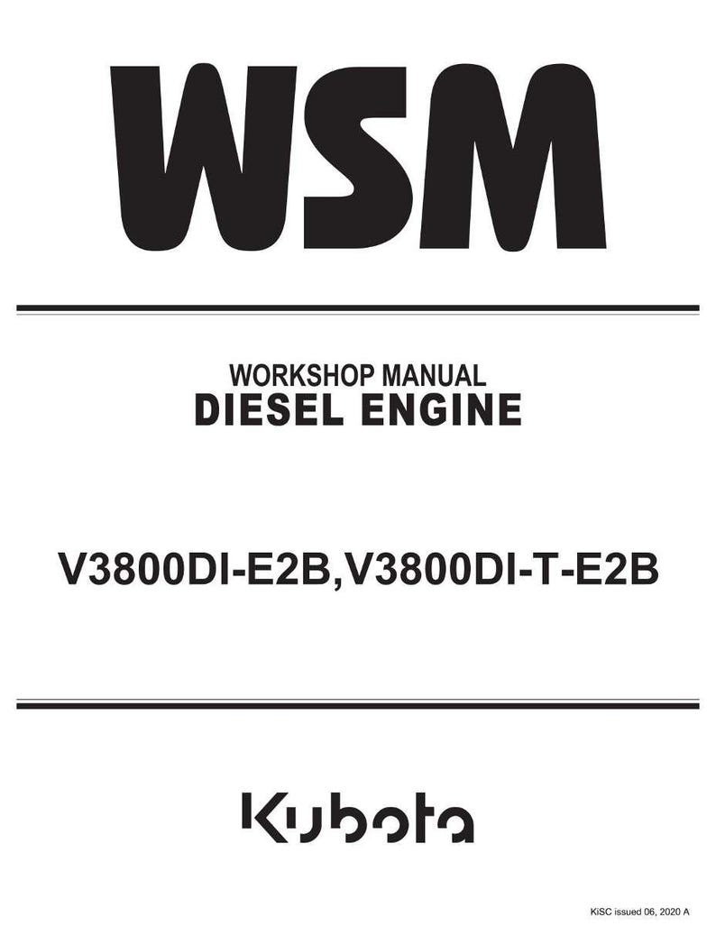 K&ouml;nnte beinhalten: Wei&szlig;er Hintergrund mit schwarzem Text: Oben steht "WSM". Darunter steht "WORKSHOP MANUAL DIESEL ENGINE". Weiter unten steht "V3800DI-E2B,V3800DI-T-E2B". Das Kubota-Logo befindet sich unten.