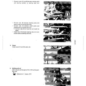 May include: A page from a manual with diagrams and instructions for a mechanical system. The text includes steps for connecting tubes, hoses, and covers, and refilling with oil. The image also shows the text "Hydraulic oil: Approx. 20 f".
