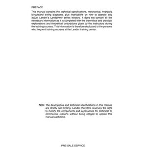 K&ouml;nnte beinhalten: Wei&szlig;es Blatt mit schwarzem Text. Handbuch mit technischen Daten, Diagrammen und Anweisungen f&uuml;r Landini Landpower Traktoren. Enth&auml;lt Vorwort, Hinweise und Serviceinformationen.