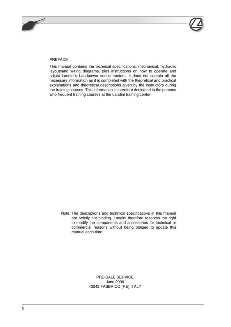 K&ouml;nnte beinhalten: Wei&szlig;es Blatt mit schwarzem Text. Handbuch mit technischen Daten, Diagrammen und Anweisungen f&uuml;r Landini Landpower Traktoren. Enth&auml;lt Vorwort, Hinweise und Serviceinformationen.