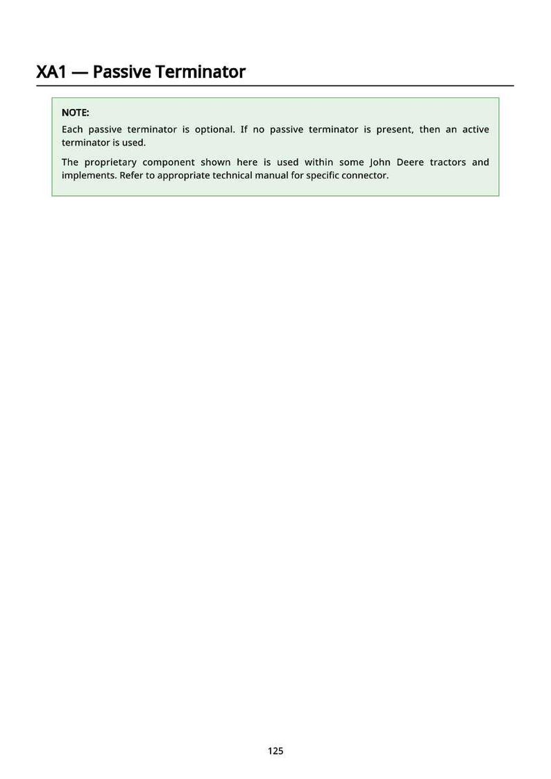 May include: Image of a page with the title "XA1 - Passive Terminator." A green box contains the text "NOTE: Each passive terminator is optional. If no passive terminator is present, then an active terminator is used."
