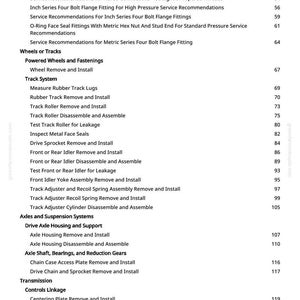 May include: A white page from a manual with a table of contents. The text includes service recommendations, wheel and track system instructions, and axle and suspension system details. Page numbers are listed on the right.
