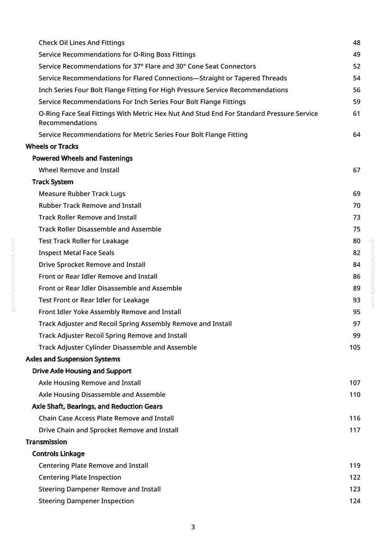 May include: A white page from a manual with a table of contents. The text includes service recommendations, wheel and track system instructions, and axle and suspension system details. Page numbers are listed on the right.