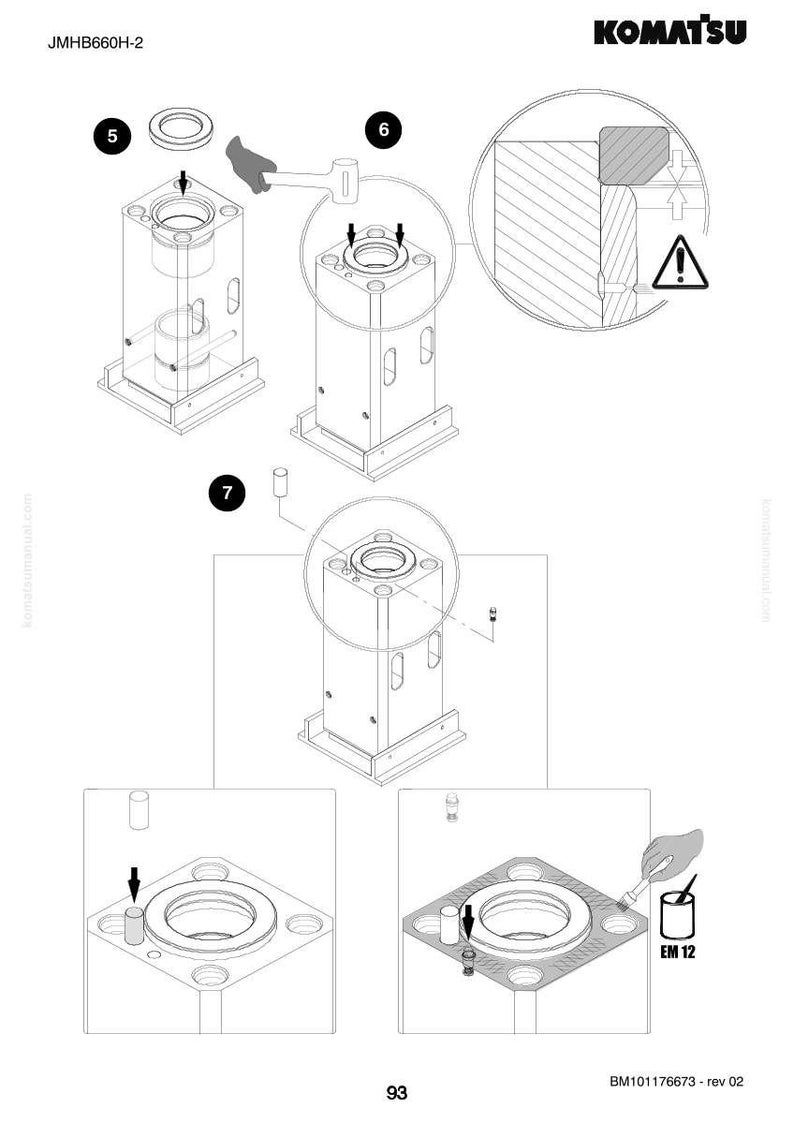 May include: An engineering diagram with the Komatsu logo. The diagram shows various components and assembly steps, including a cylindrical structure, a circular component, and a warning symbol. The text "JMHB660H-2" and "EM 12" are also visible.