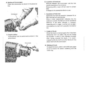 May include: Black and white diagram of a pump motor with instructions. Includes illustrations of sandpaper and a saw blade. Text details commutator polishing, armature insulation, and field coil testing.