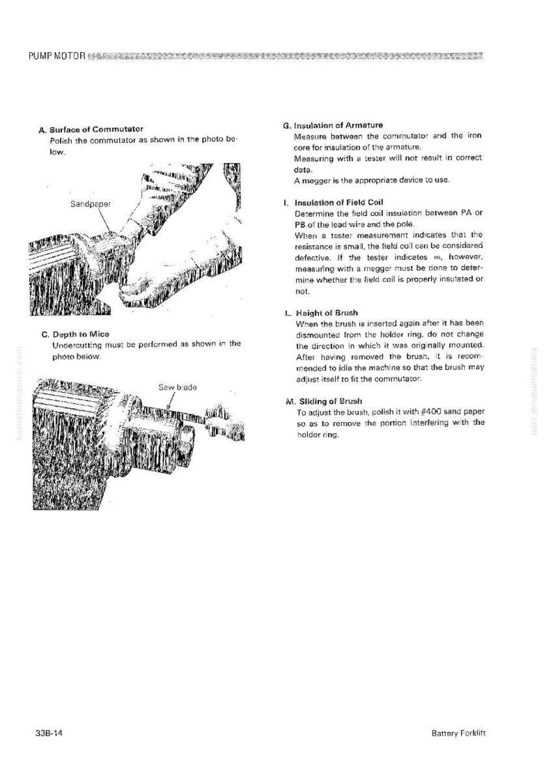 May include: Black and white diagram of a pump motor with instructions. Includes illustrations of sandpaper and a saw blade. Text details commutator polishing, armature insulation, and field coil testing.