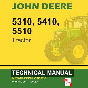 Puede incluir: Portada de un manual t&eacute;cnico para tractores John Deere. La imagen presenta un tractor verde con ruedas amarillas sobre un fondo amarillo. El texto incluye "JOHN DEERE" y "5310, 5410, 5510 Tractor". La pancarta inferior dice "TECHNICAL MANUAL".